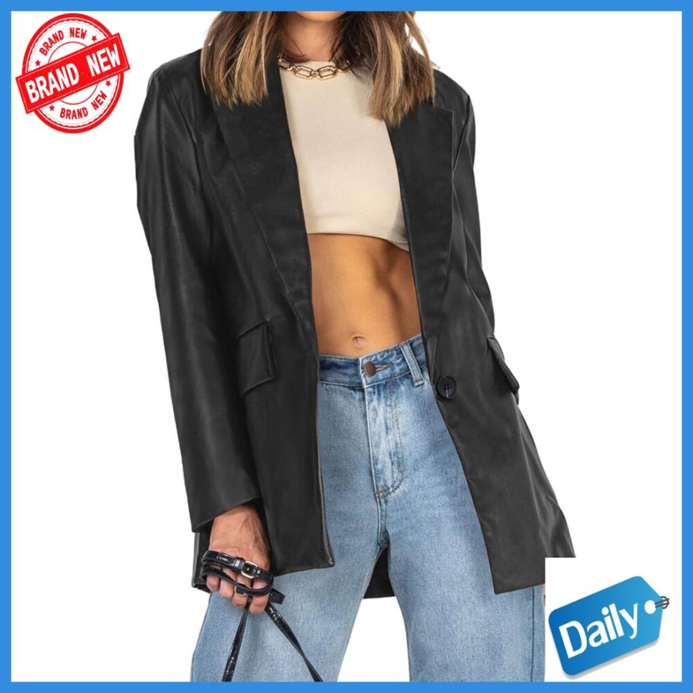 Oversized Faux Leather Blazer Shacket With Pockets And Notch Lapel
